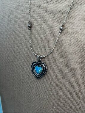 Sterling Silver 925 Heart and Chain Necklace with Blue Opal Center N180